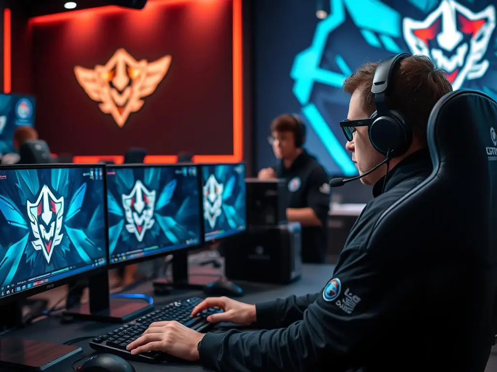 Esports player in a headset focused on multiple monitors during practice session.