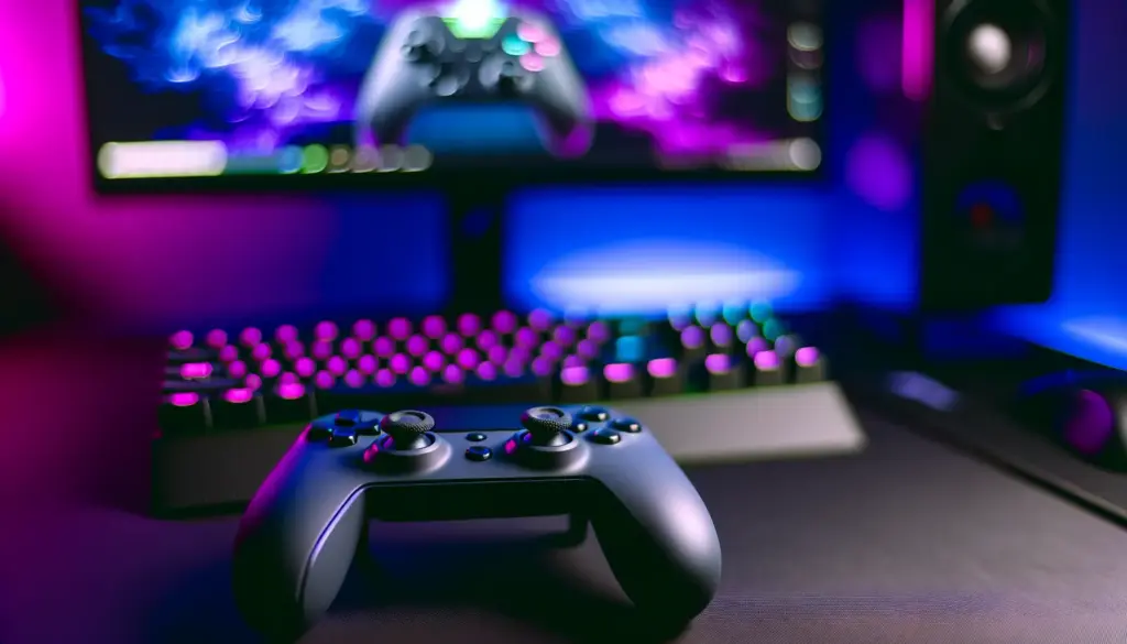 Gaming controller and keyboard on desk with purple and blue lighting