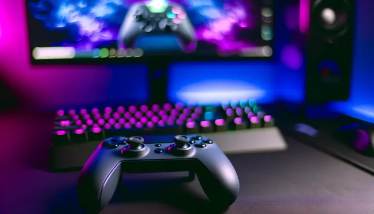 Gaming controller and keyboard on desk with purple and blue lighting