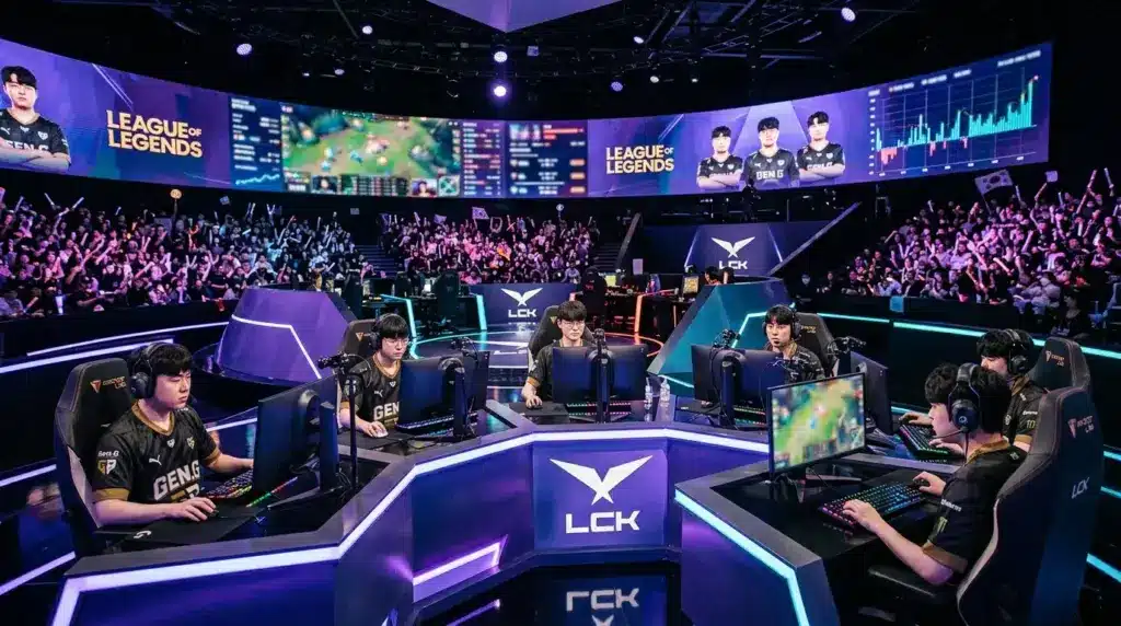 Professional esports players competing at a League of Legends tournament stage with dynamic lighting