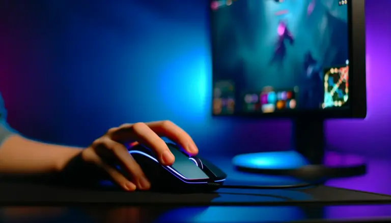 Professional esports player's hands positioned over gaming mouse during competitive League of Legends match, blue-purple lighting.