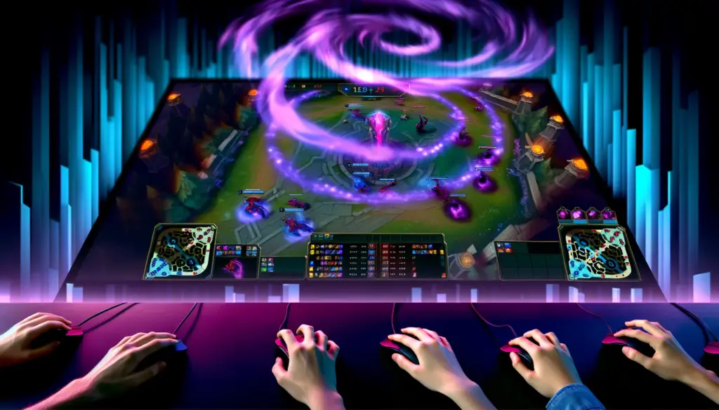 Competitive League of Legends esports player focused on keyboard during high-stakes match with glowing game objectives
