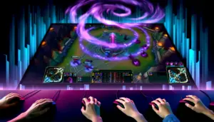 Competitive League of Legends esports player focused on keyboard during high-stakes match with glowing game objectives