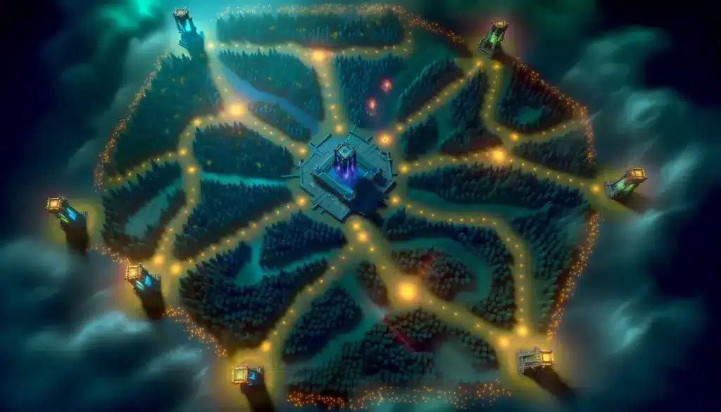 Strategic overhead view of League of Legends Summoner's Rift map highlighting lanes and objectives