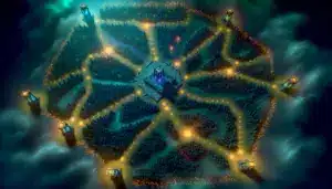 Strategic overhead view of League of Legends Summoner's Rift map highlighting lanes and objectives