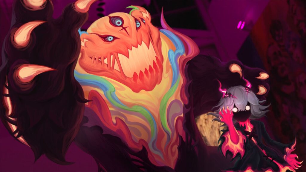 Colorful monstrous creature with large teeth and a smaller character with white hair and glowing eyes.