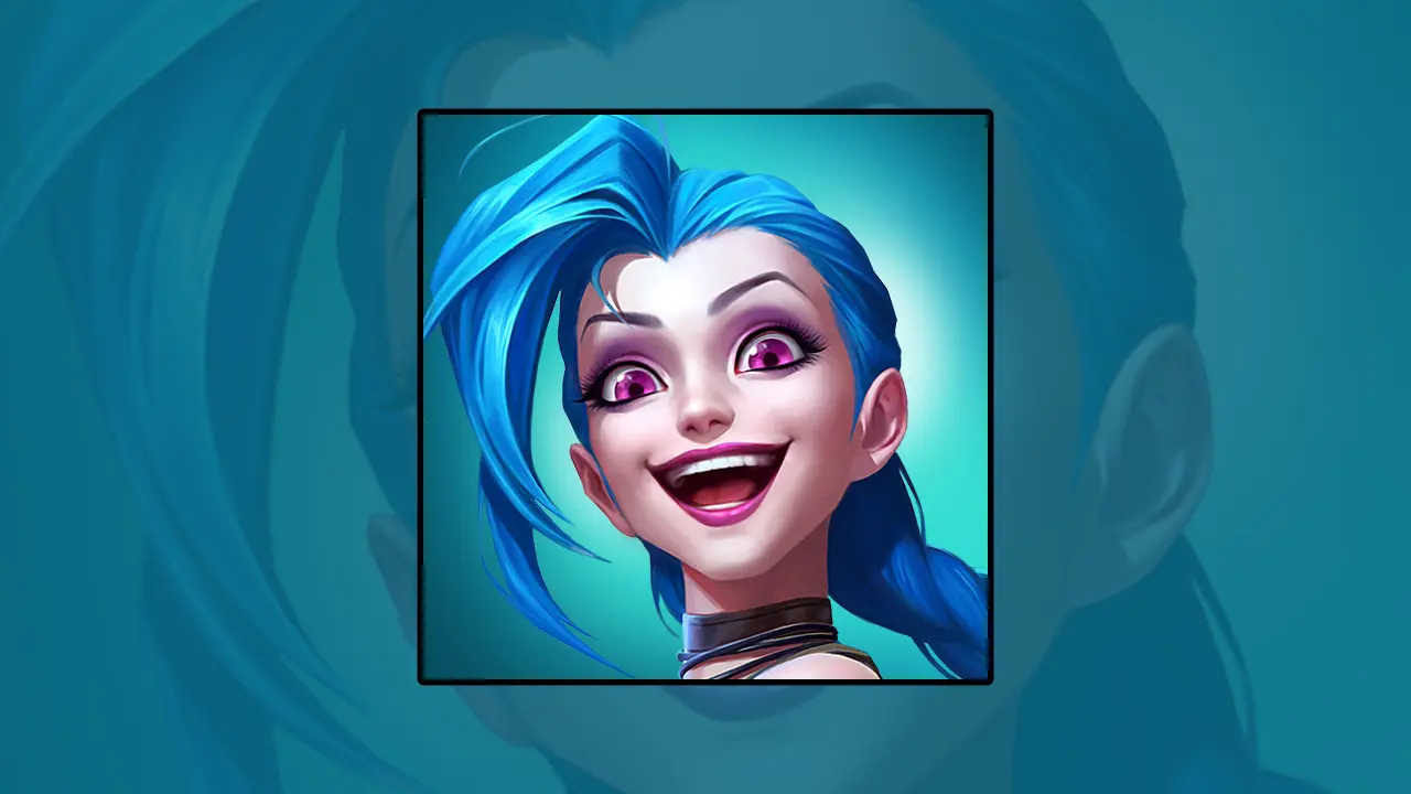 A vibrant character portrait of a blue-haired animated character with a mischievous smile.