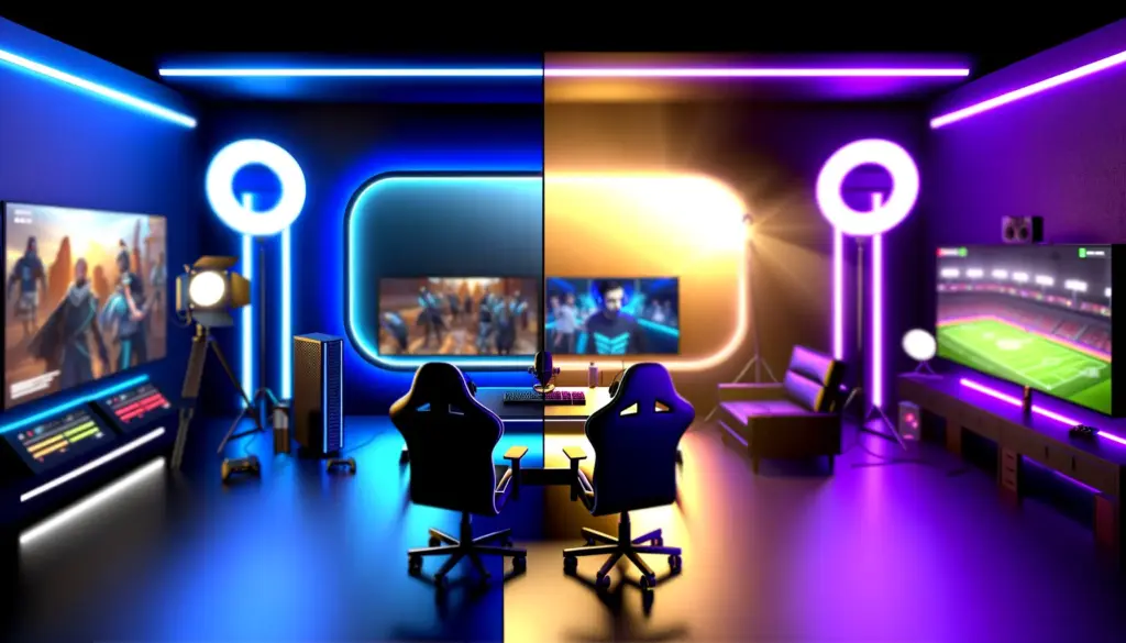 Professional esports broadcast studio contrasted with personal creator streaming setup