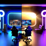 Professional esports broadcast studio contrasted with personal creator streaming setup