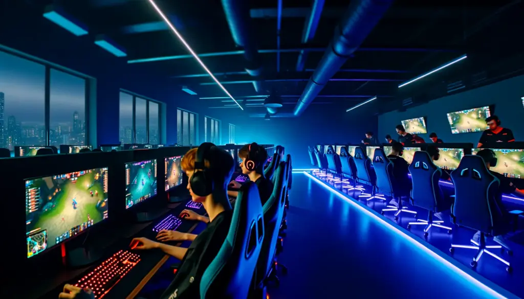 Professional esports training facility with gaming stations and LA skyline in high-stakes competitive atmosphere