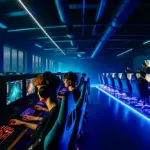 Professional esports training facility with gaming stations and LA skyline in high-stakes competitive atmosphere