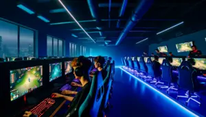 Professional esports training facility with gaming stations and LA skyline in high-stakes competitive atmosphere