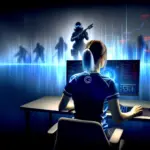 Female esports player at gaming desk with blurred data visualization symbolizing privacy concerns in competitive gaming