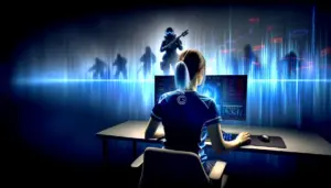 Female esports player at gaming desk with blurred data visualization symbolizing privacy concerns in competitive gaming