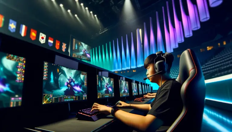 Professional esports player focused at gaming setup during competitive League of Legends match