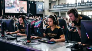Collegiate esports players competing at a VALORANT tournament in a professional LAN venue with gaming rigs and production lighting