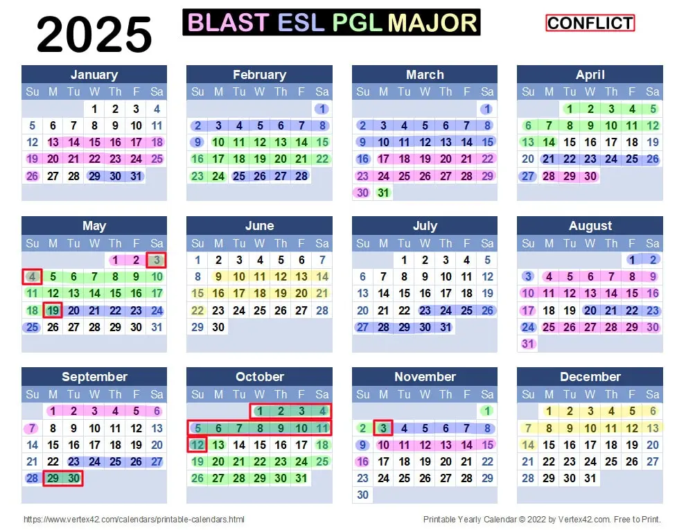 2025 calendar with highlighted dates for the BLAST ESL PGL Major tournament.