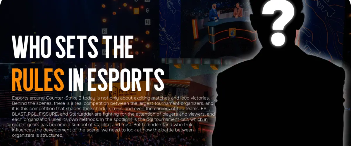 Esports event stage featuring a host and analysts with bright screens behind them.