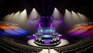 Professional esports tournament arena with dramatic stage lighting and broadcast setup for CS2 competition