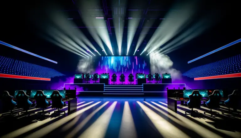 Professional Dota 2 esports arena setup with gaming stations and dramatic LED lighting for tournament