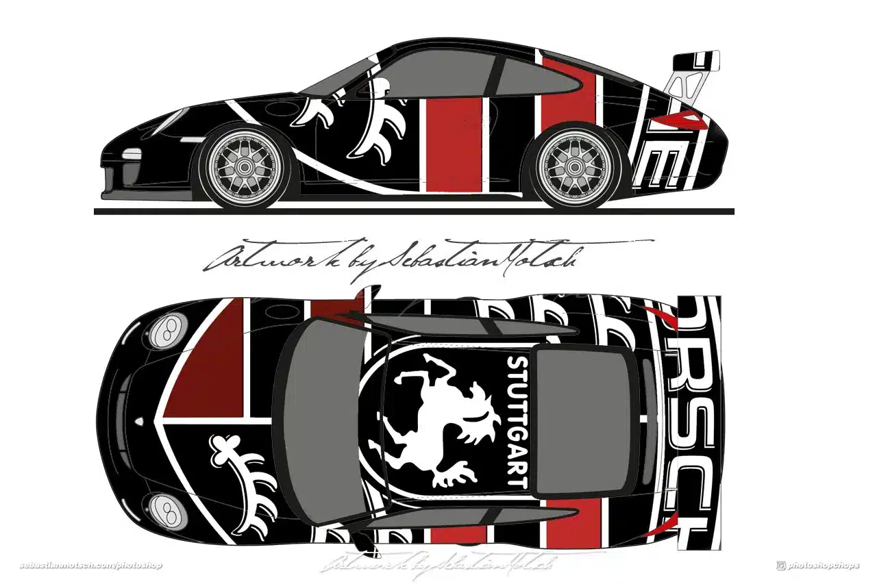 Stylized Porsche 911 GT3 with graphic livery featuring black, red, and white patterns.