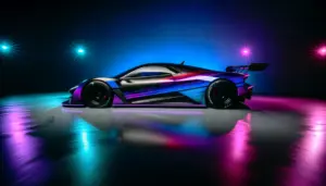 Porsche 911 GT3 with vibrant neon racing livery in futuristic studio setting