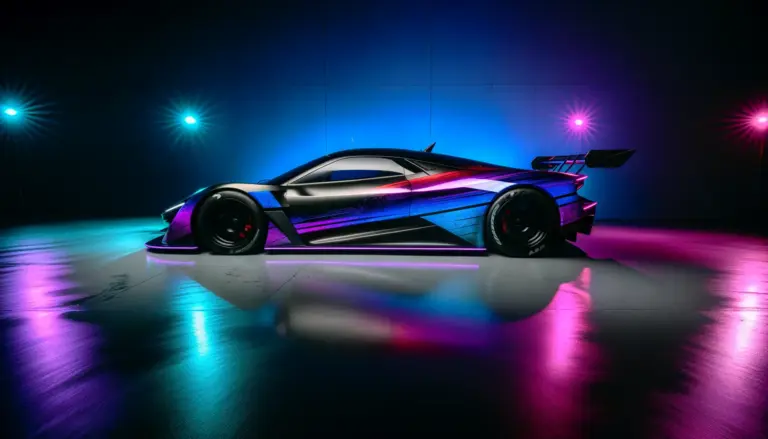 Porsche 911 GT3 with vibrant neon racing livery in futuristic studio setting