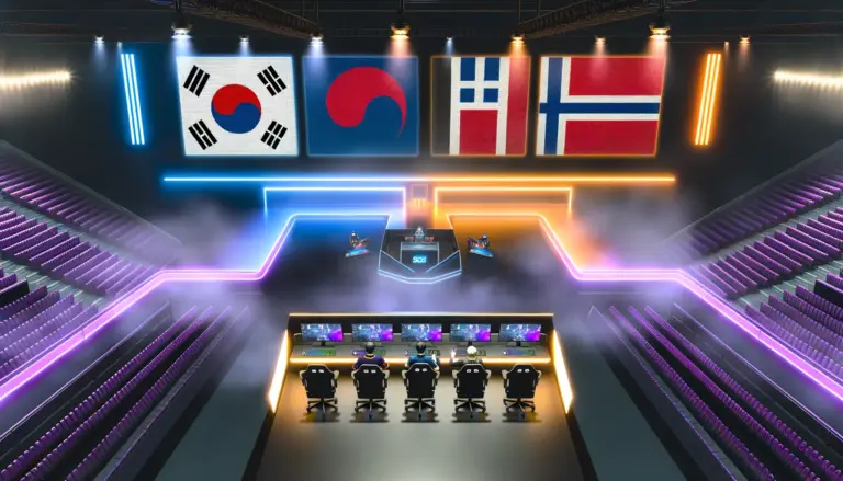 Professional esports stadium stage with gaming stations and international flags for PUBG Nations Cup tournament
