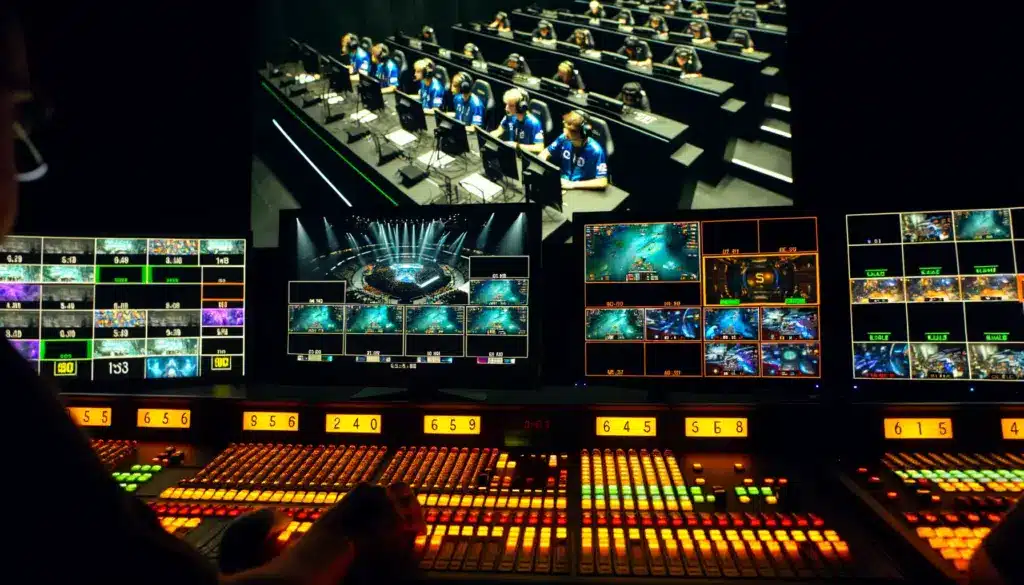 Esports broadcast production control room with multiple monitors displaying a live League of Legends match and technical equipment