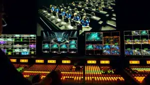 Esports broadcast production control room with multiple monitors displaying a live League of Legends match and technical equipment