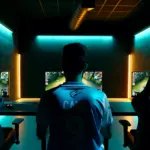 Professional League of Legends player at gaming setup in team facility with dramatic lighting