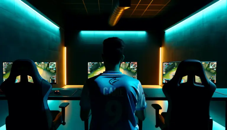 Professional League of Legends player at gaming setup in team facility with dramatic lighting