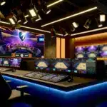 Modern esports broadcast production control room with multiple monitors and professional equipment