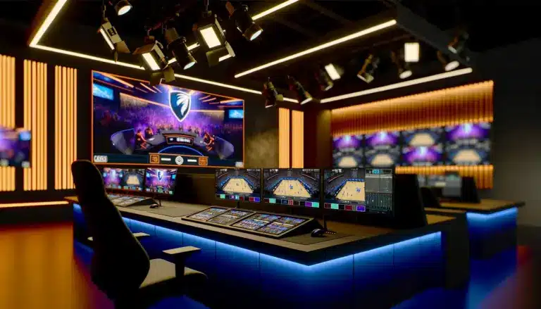 Modern esports broadcast production control room with multiple monitors and professional equipment