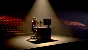 Empty esports gaming chair under spotlight on dark tournament stage