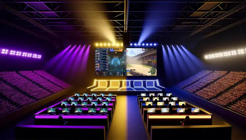 Split esports arena showing Mobile Legends and Counter-Strike 2 tournament stages with dramatic lighting