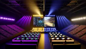 Split esports arena showing Mobile Legends and Counter-Strike 2 tournament stages with dramatic lighting