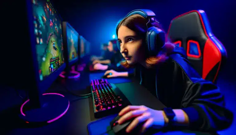 Professional Dota 2 esports player competing at high-stakes tournament with gaming setup