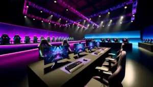 Professional esports tournament arena with gaming stations and vibrant VALORANT-style lighting