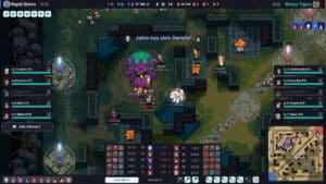 Image of a fake MOBA map with auto battling players fighting each other.