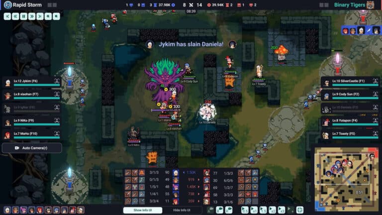 Image of a fake MOBA map with auto battling players fighting each other.