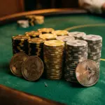 Gold poker chips and cryptocurrency coins on green felt table in dramatic lighting