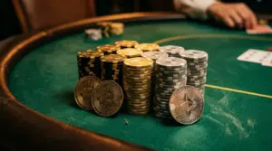 Gold poker chips and cryptocurrency coins on green felt table in dramatic lighting