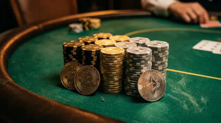Gold poker chips and cryptocurrency coins on green felt table in dramatic lighting
