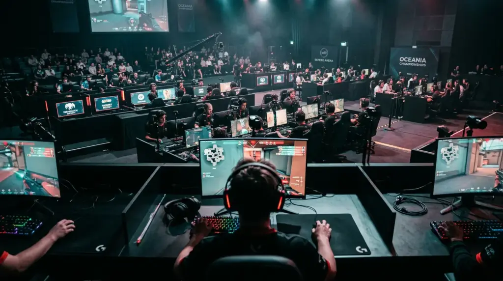 Esports tournament arena with players competing at illuminated gaming stations in professional Oceania venue