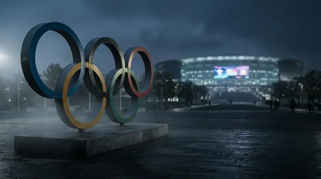 Olympic rings monument in shadow with blurred esports arena fading in background