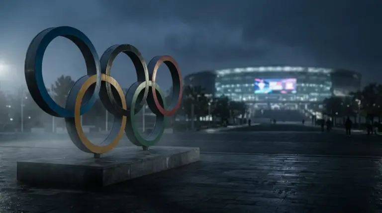 Olympic rings monument in shadow with blurred esports arena fading in background