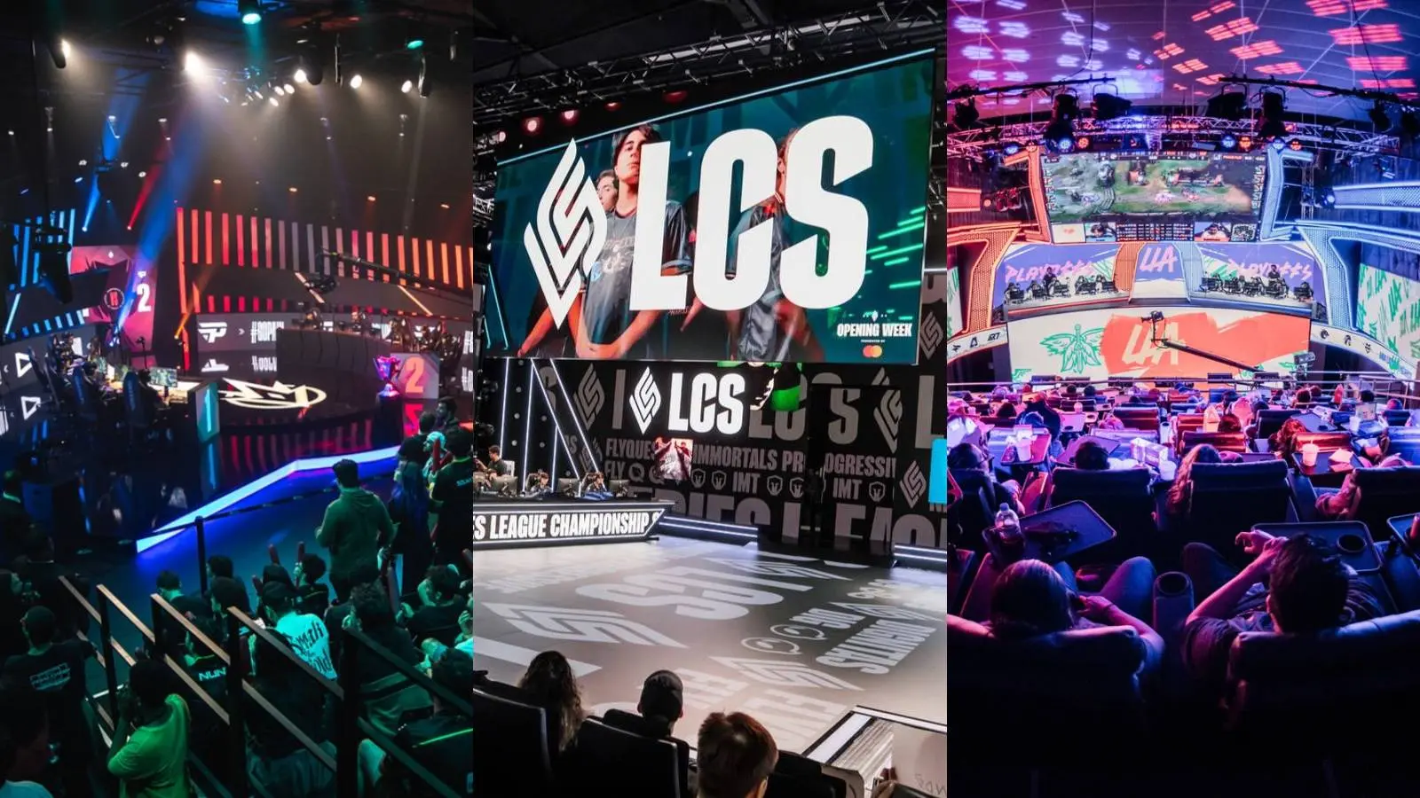 Vibrant esports arena featuring League of Legends Championship Series event.
