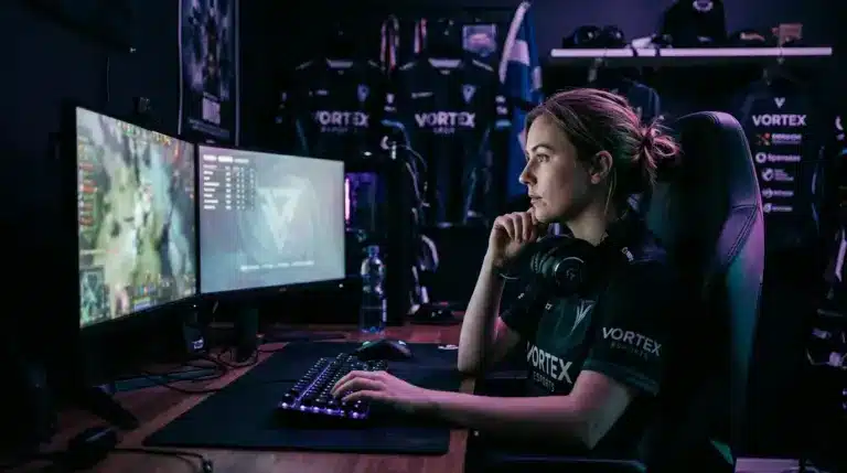 Female esports player in contemplative moment at gaming setup with purple and cyan lighting