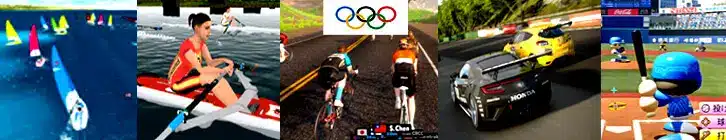 A collage of esports games featuring sailing, rowing, cycling, car racing, and baseball.